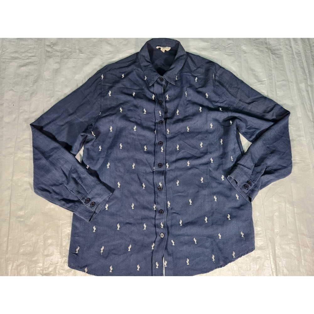 Entro Navy Blue Cactus Embroidered Button Down Shirt TS561 Womens Medium